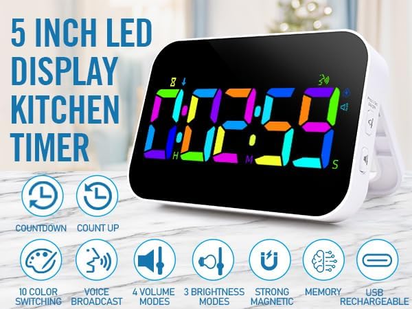 Kitchen Timer(1.5" Number)with Voice Reminder,10 RGB Color Changing Digital Magnetic Timer, Countdown/Up, Rechargeabilit, Brightness Display, 3 Volume Levels and Vibration Mode, for Classroom, Cooking