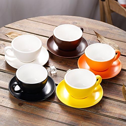 Ceramic Latte Art Cup and Saucer for Cappuccino & Manual Brew Coffee, New Bone China, Mate for Coffee Shop and Barista (Matte Yellow, 8.5 oz)