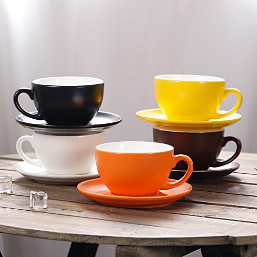 Ceramic Latte Art Cup and Saucer for Latte & Cappuccino, Mate for Coffee Shop and Barista (Matte Orange, 10.5 oz)