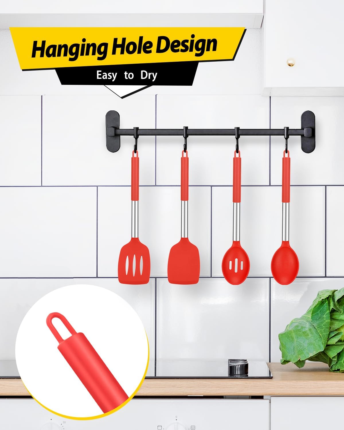 Pack of 4 Silicone Cooking Utensils Set, Non Stick Large Solid Spatulas, Heat Resistant Slotted Spoons, Ideal BPA Free Kitchen Turners for Frying, Mixing,Serving,Draining,Turning,Stirring (RED)