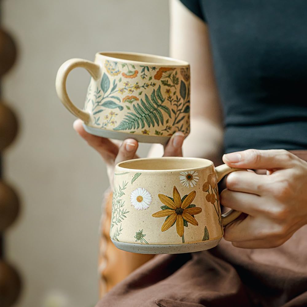 Floral Coffee Cup, 12oz Ceramic Hand Painted Porcelain Mug with Premium Gold Spoon, Cup for Cappuccino, Macchiato, Latte, Cafe, Tea, Unique Gift Idea (Graceful Daisies)