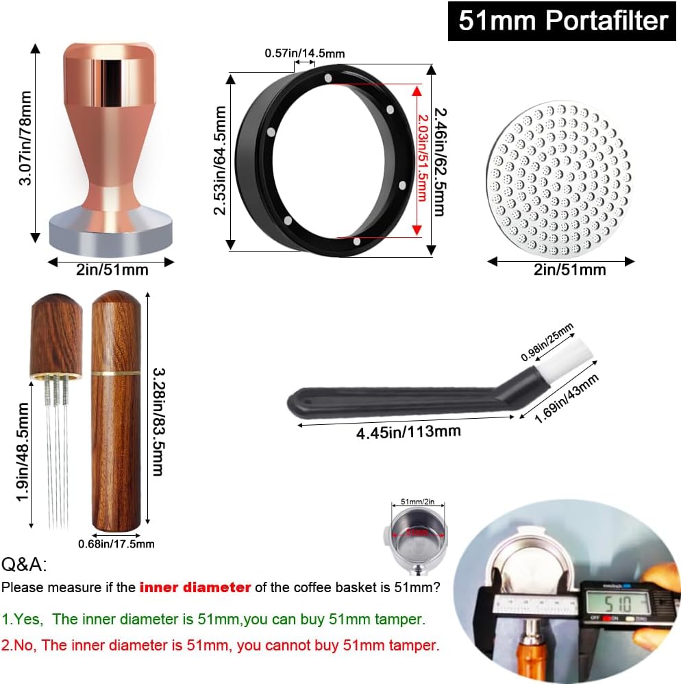 51mm Espresso Tamper Set, 5PCS Coffee Tamper Kit with WDT Tool, Coffee Stirrer, Dosing Funnel, Puck Screen 51mm Espresso Accessories Tampers Kit (Rose Gold)