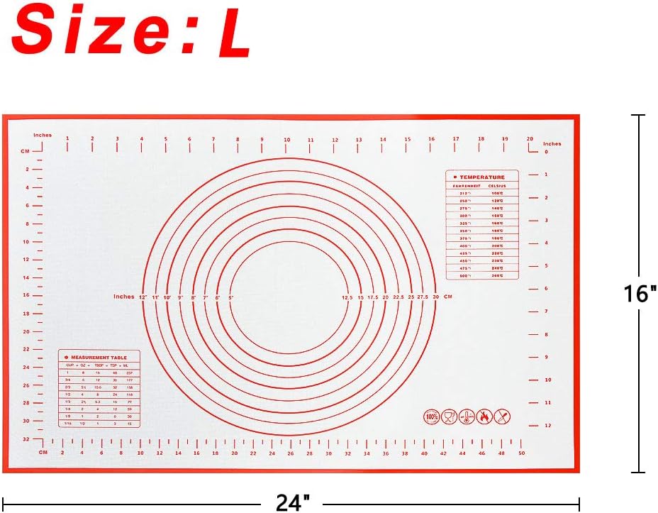 16" x 24" Large Silicone Pastry Mat for Rolling Dough Non Slip,Silicone Baking Mat Non Stick,Cilicone Fondant Mat Pie Cookie Dough Rolling Mat Kneading Cutting Mat with Measurement (Red-L)
