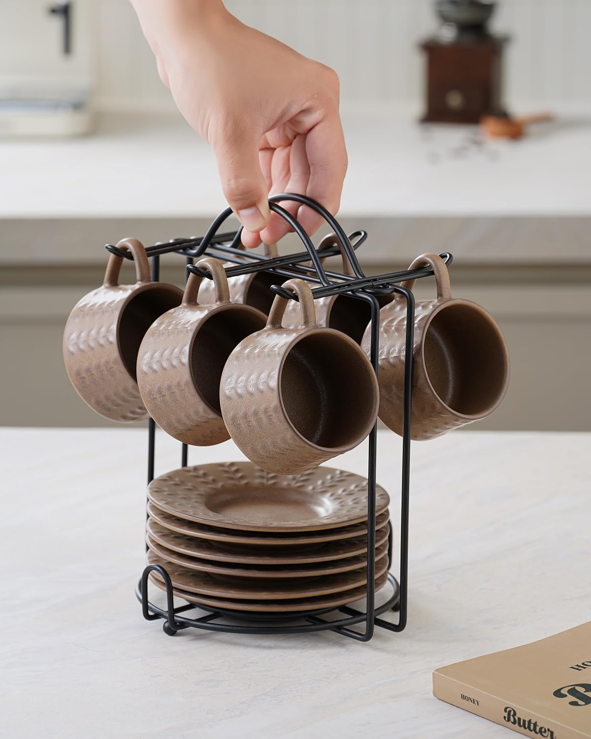 Espresso Cups Set, 4 Oz Porcelain Coffee Cups with Saucer and Metal Stand Small Cappuccino Cups Set of 6 Demitasse Cups for Espresso, Latte, Cafe Mocha, Cappuccino, and Tea, Brown