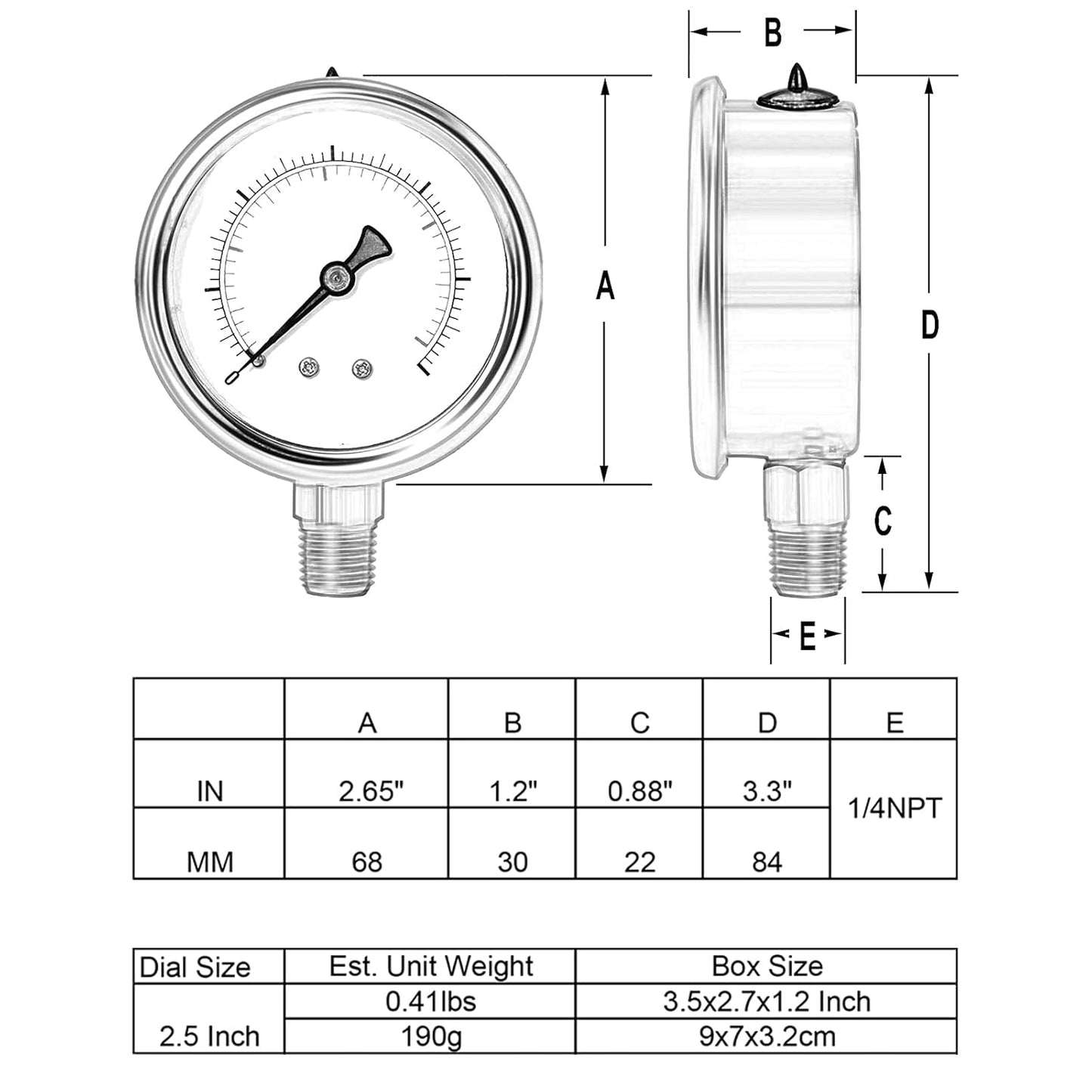 Glycerin Filled Pressure Gauge 5000psi/350bar, Stainless Steel case, Brass Inside Construction, 2-1/2" dial, 1/4" NPT Rear Connection.