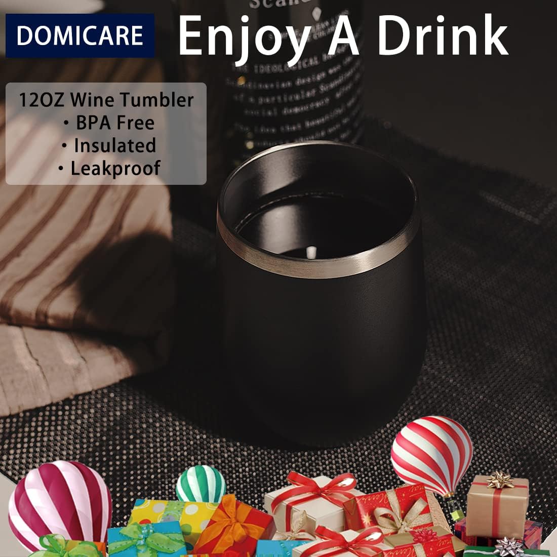 DOMICARE Stainless Steel Wine Tumbler Bulk with Lid, Personalized Insulated Tumblers Set, 12oz Travel Coffee Cups Pack of 12, Black