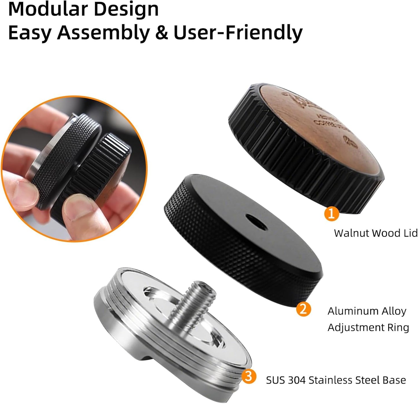 Bincoo 51mm Espresso Distributor Hand Tamper - Adjustable Coffee Leveler Tool for 51mm Portafilter, Walnut Wood Lid, 3-Slope Base Adjustable Depth Espresso Distributor for Barista