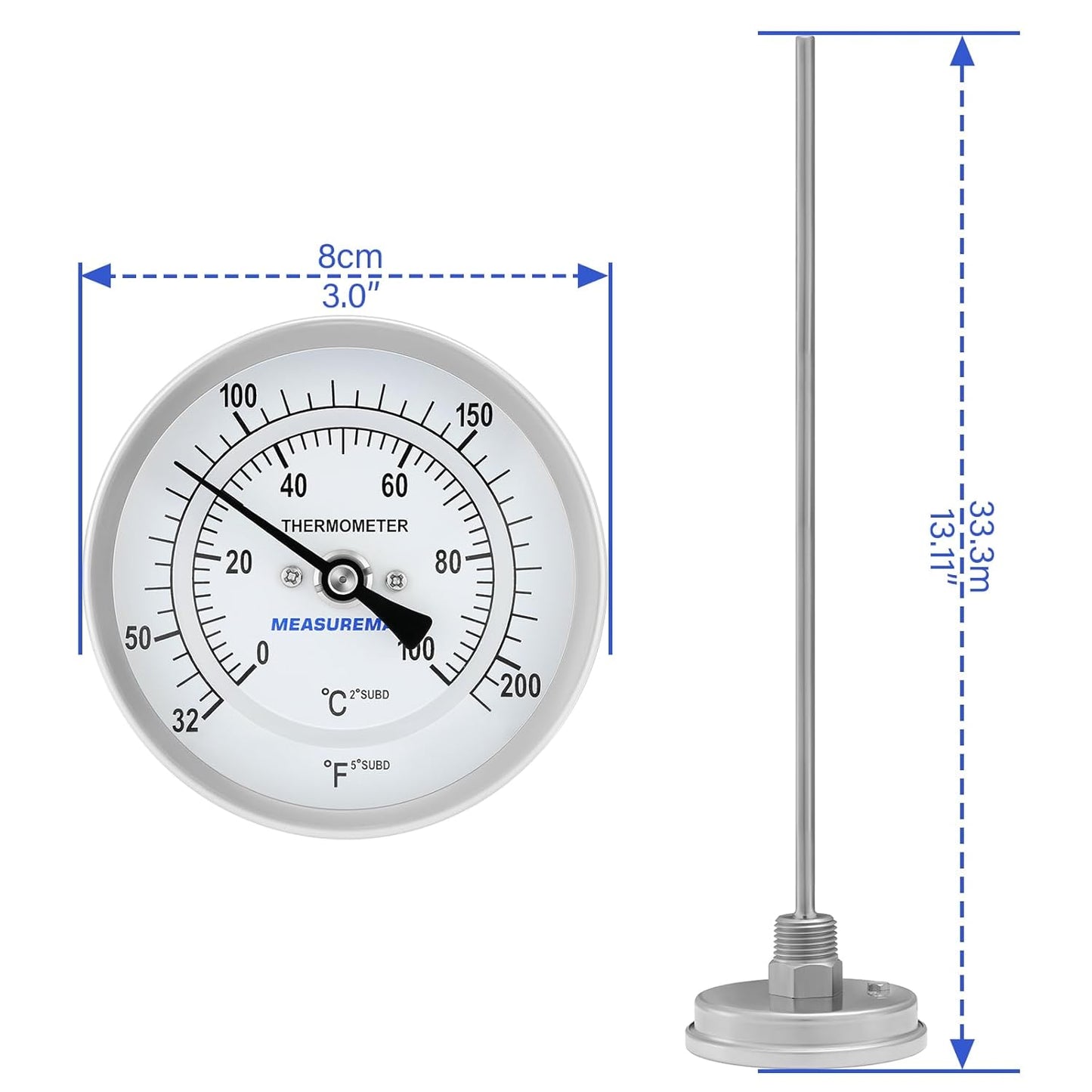 MEASUREMAN Hot Water Bi-Metal Thermometer, 3" Dial, 12" Lead-Free Brass Stem, 32-212°F/0-100°C Range, 2% Accuracy, 1/2" NPT Mount