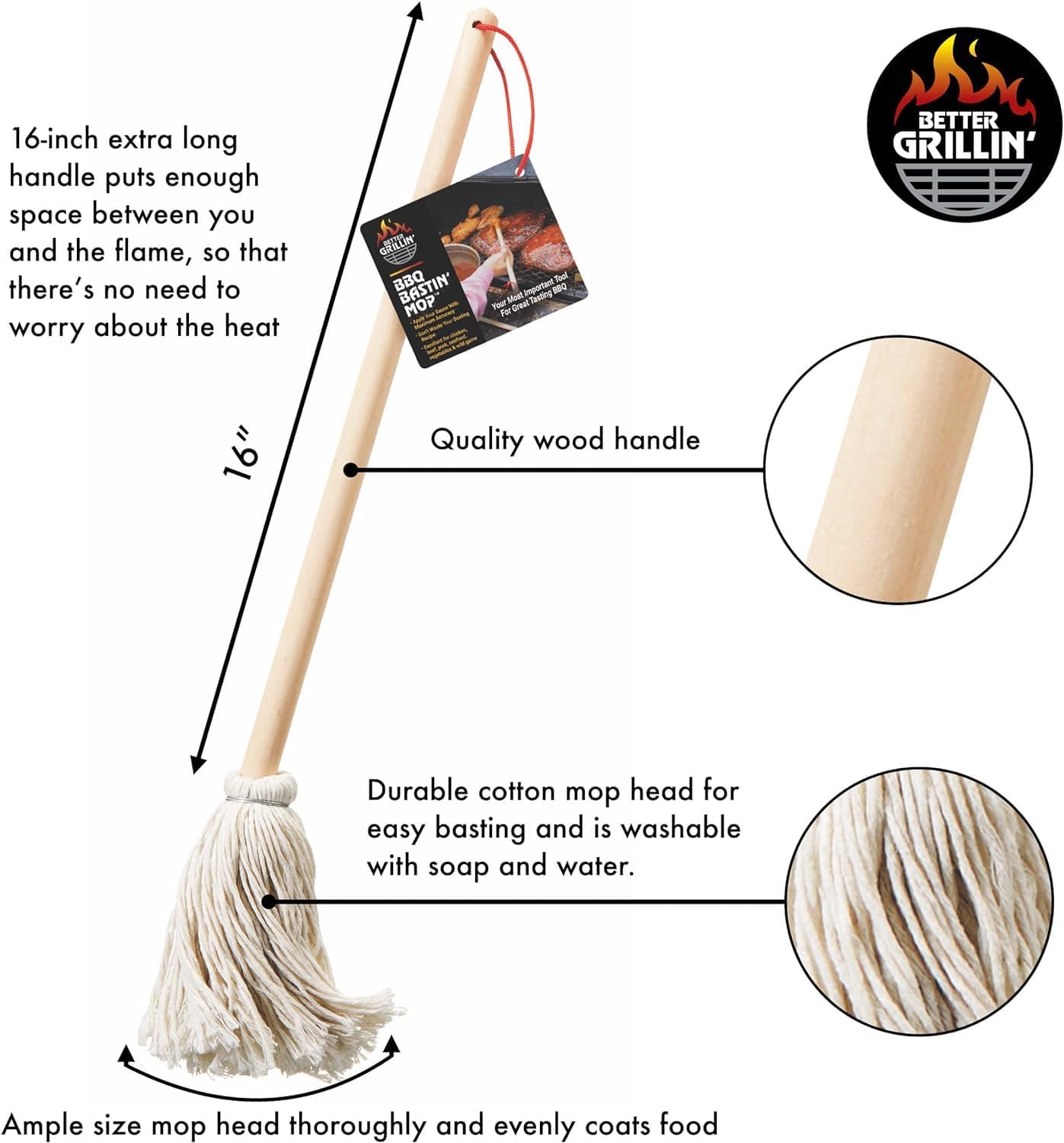 Better Grillin BBQ Bastin Mop Basting Barbecue Brush/Mop Easily Applies Marinades, Sauces, Washes Out, 16in Handle, 4pk