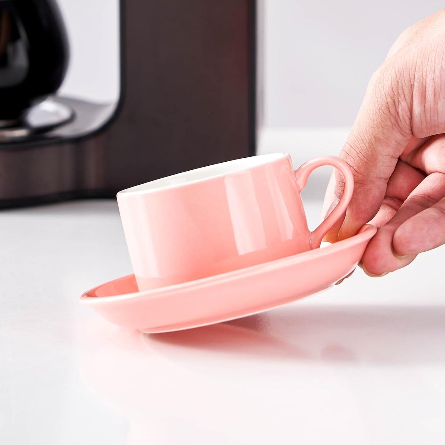 8oz Porcelain Stackable Cappuccino Cups with Saucers and Metal Stand Set of 4, Coffee Cups for Espresso, Specialty Coffee Drinks, Latte, Americano and Tea - Pink