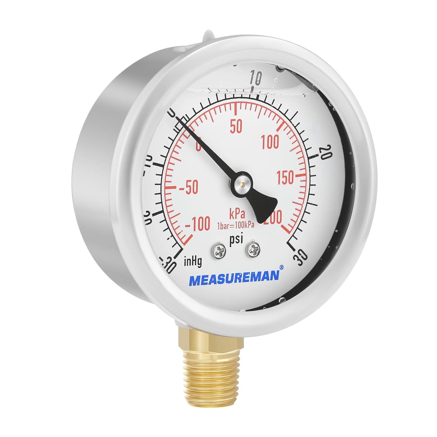 MEASUREMAN 2-1/2" dial,Glycerin Filled, Stainless Steel case, Brass Inside, 30inHg/-100kpa-0-30psi/200kpa,1/4" NPT Lower Mount