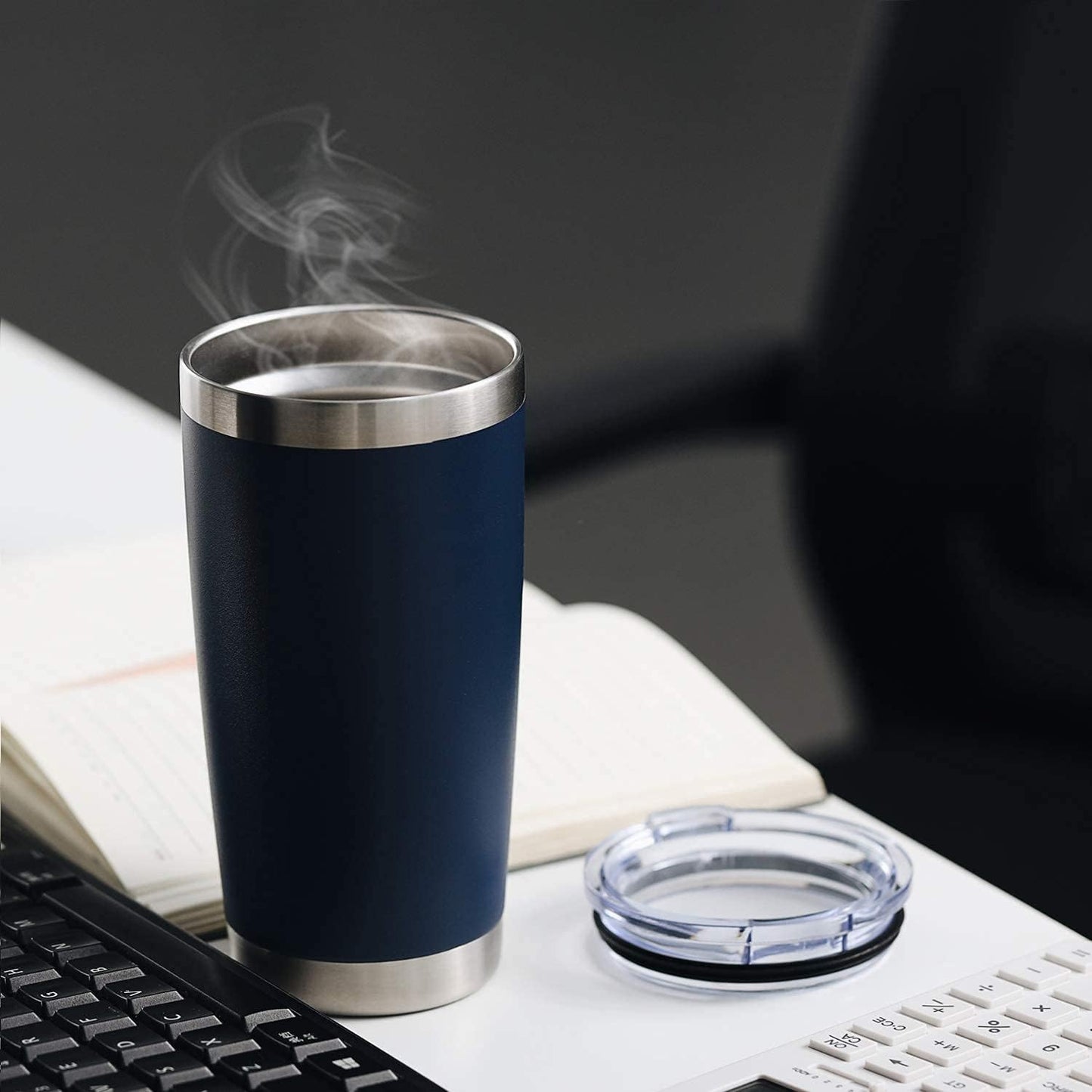 COMOOO 20oz Navy Double Wall Vacuum Insulated Travel Mug, Stainless Steel Tumbler with Lid, Durable Powder Coated Insulated Coffee Cup for Cold & Hot Drinks, 1 Pack