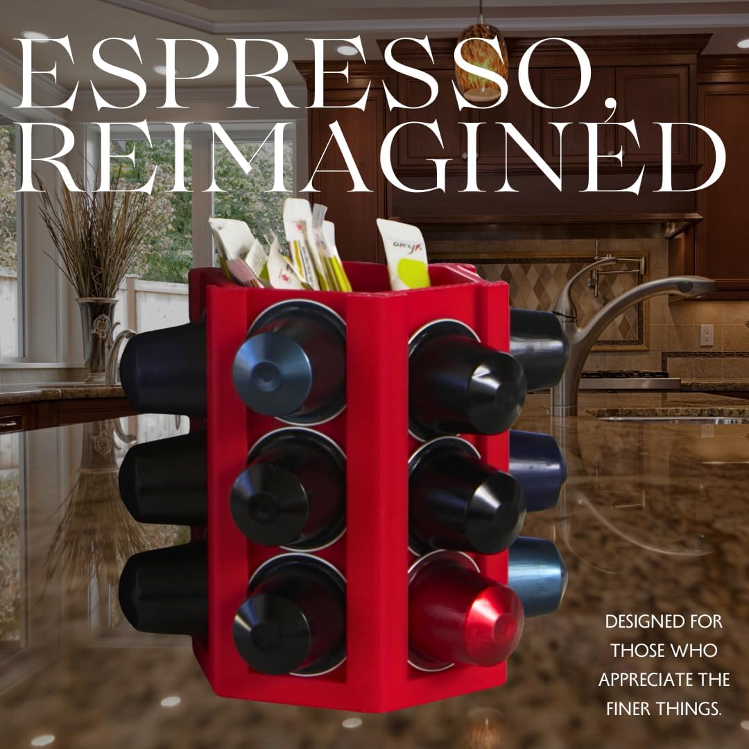 Espresso Coffee Pod Holder & Organizer | Espresso Capsule Kitchen Display Carousel | Holds 18 Pods | Made in USA (Red)