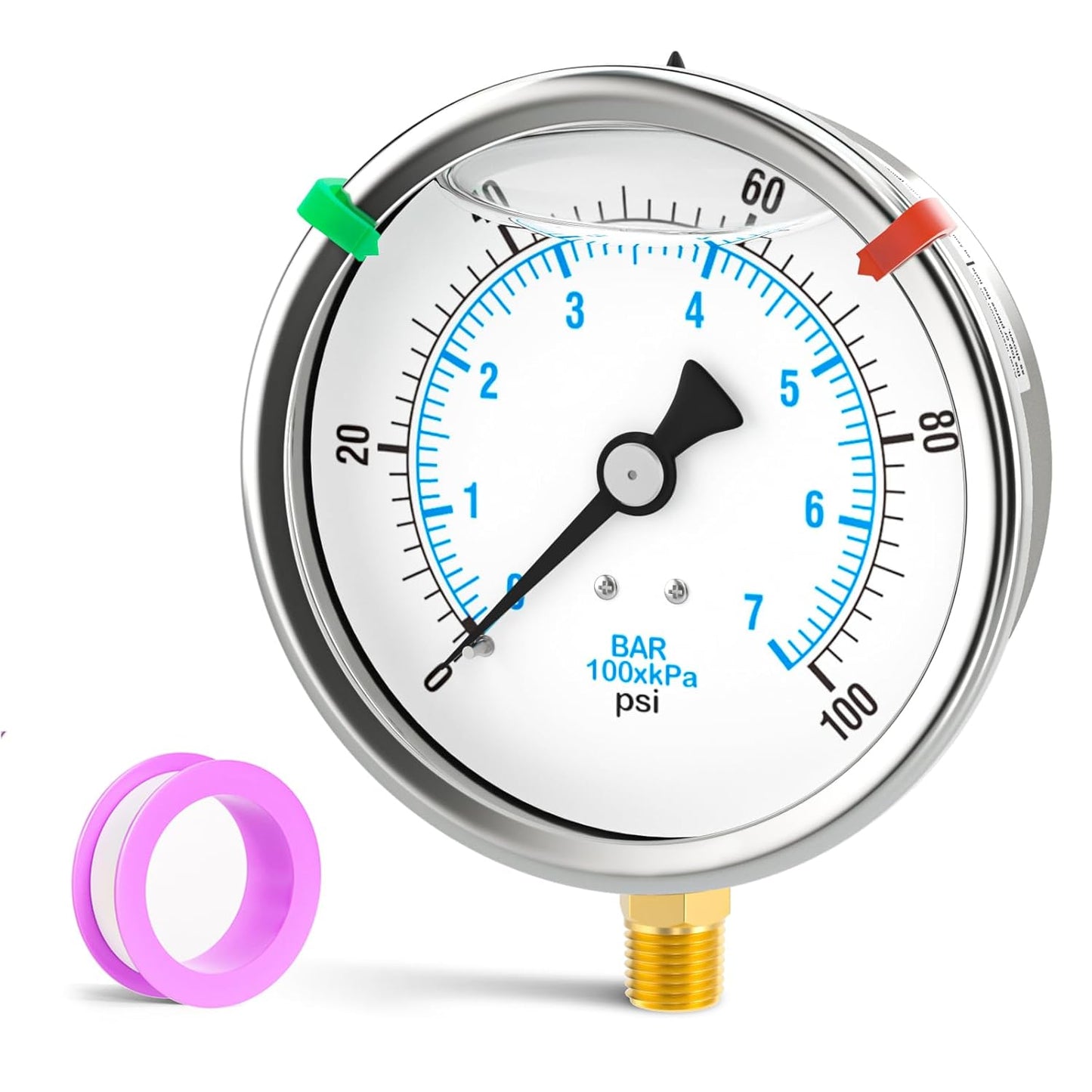 0-100PSI Stainless Steel Liquid Filled Pressure Gauge, 4" Dial Size, 1/4" NPT Lower Mount, for Tube, Water Pump, Gas, Liquid, Pressure Test (with Range Mark Pointer)