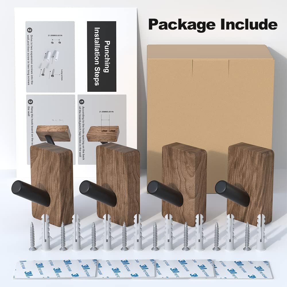 4 PCS Black Walnut Wood Wall Hooks, Adhesive Mounted & Wall Mounted Rustic Decorative Entryway Hooks, Mid Century Modern Natural Wooden Pegs for Hanging Coat Clothes Hat Bag Purse and Towel