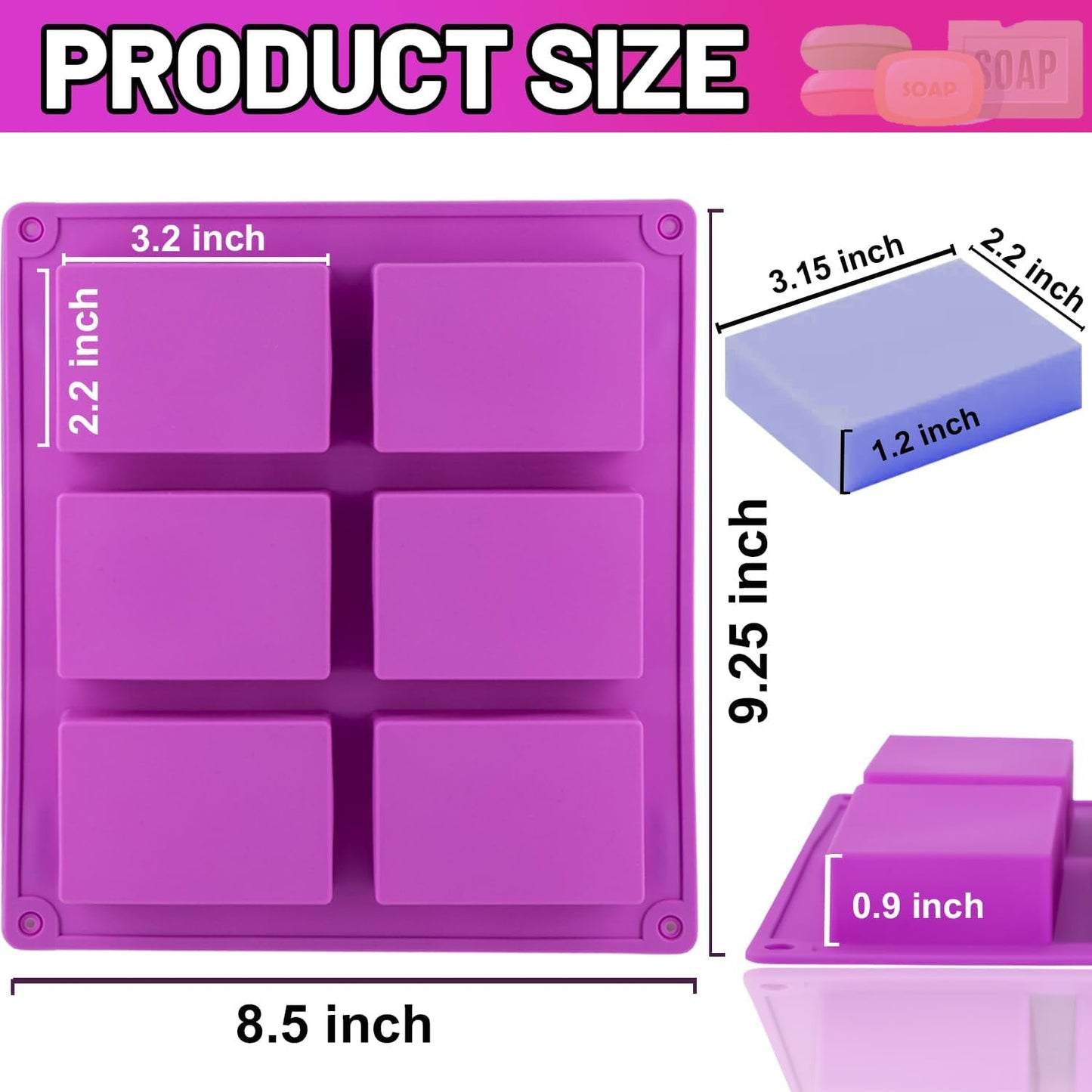 3 Pack Silicone Soap Molds, 6 Cavities Rectangle Silicone Mold, Great for Homemade Craft Soap Mold, Chocolate, Cake Molds & Ice Cube Tray - Just Pop Out(Pink & Blue & Purple)