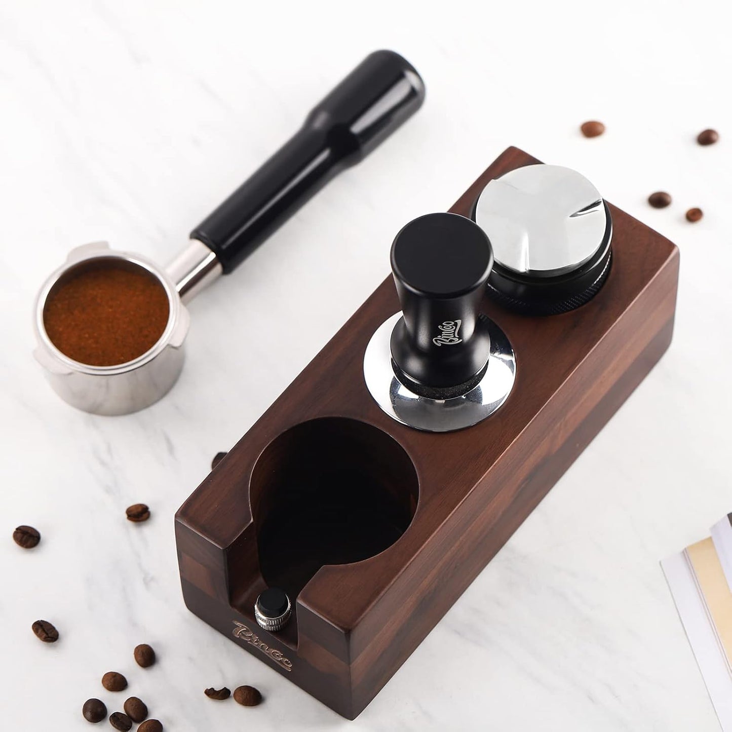 Bincoo Anti-Slip Tamper Holder Station-Wooden Tamper Holder Station for 51-53mm Portafilters,Tamper and Distributor (Walnut)