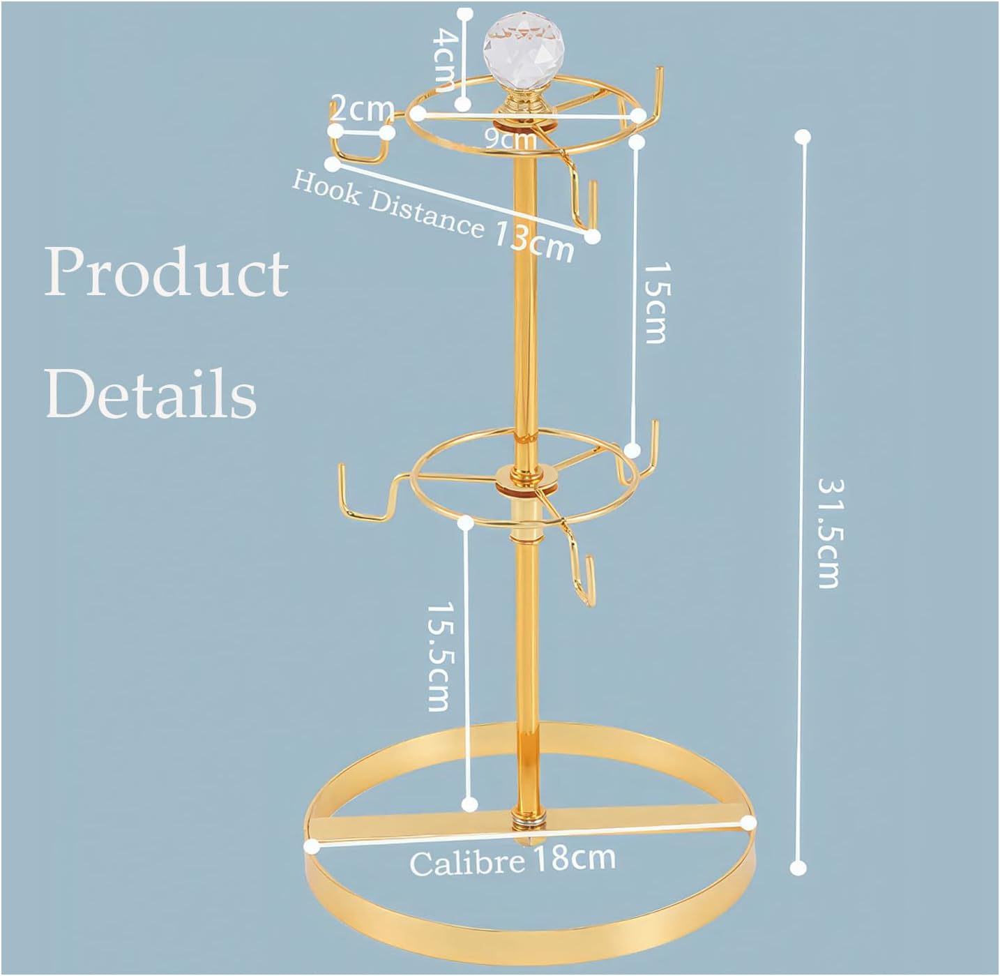 Coffee Mug Tree Holder for Counter,Double Tier Mug TeaCup Metal Holders Countertop,Golden Coffee Mug Tea Cup Stand Rack for Counter Top 6 Hooks(Gold,Crystal Ball)