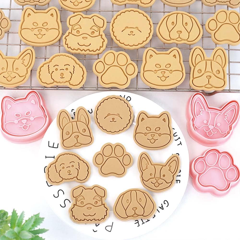 8 Dog Cookie Cutters Set, 3D Puppy Cookie Stamps, Cupcake Pancake Apple Pie Pastry Biscuit Molds, Cookie Baking Molds for Dog Party Decorations (Puppy-1)