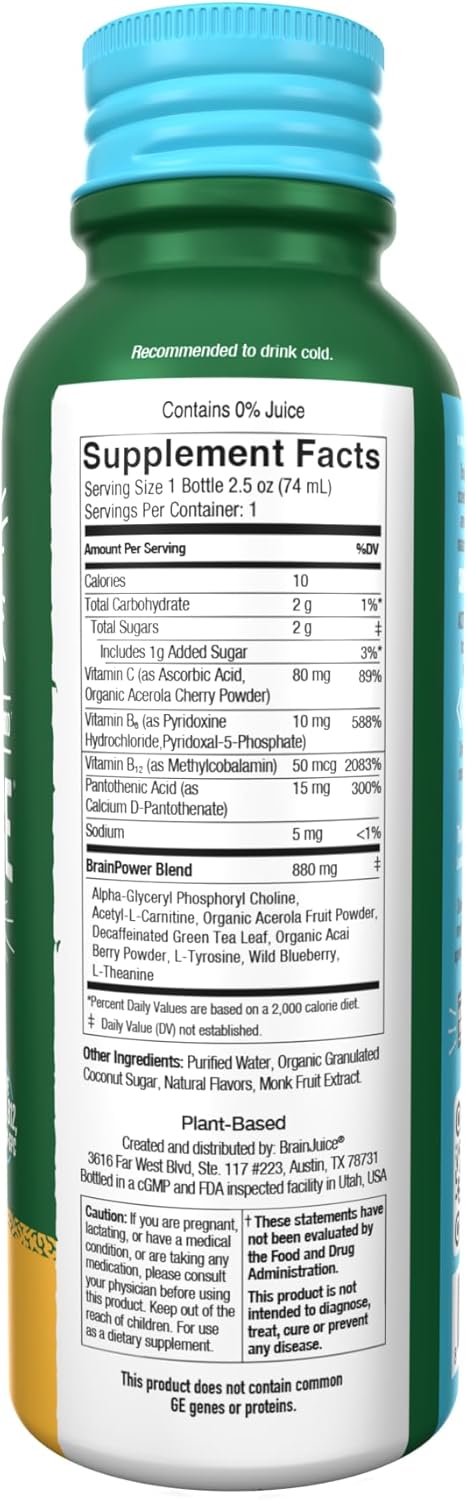 BrainJuice Decaf Brain Support Shot, Gluten Free Supplement Shots for Energy & Focus, Healthy Drinks with Alpha GPC, Vitamin B & Decaffeinated Green Tea Leaf, Classic, 2.5 fl oz, 12 Pack