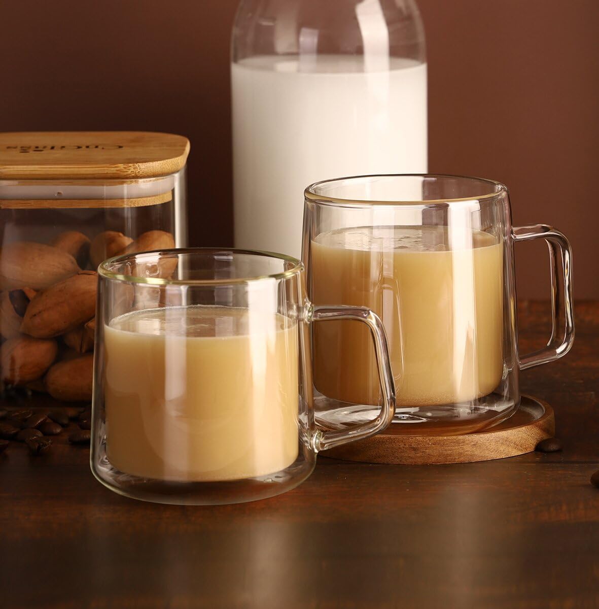 CNGLASS 15.2oz(4-pack) Glass Coffee Mugs,Double Wall Insulated Glass Mugs with Handle,Clear Espresso Mugs for Latte,Cappuccino,Tea Bag