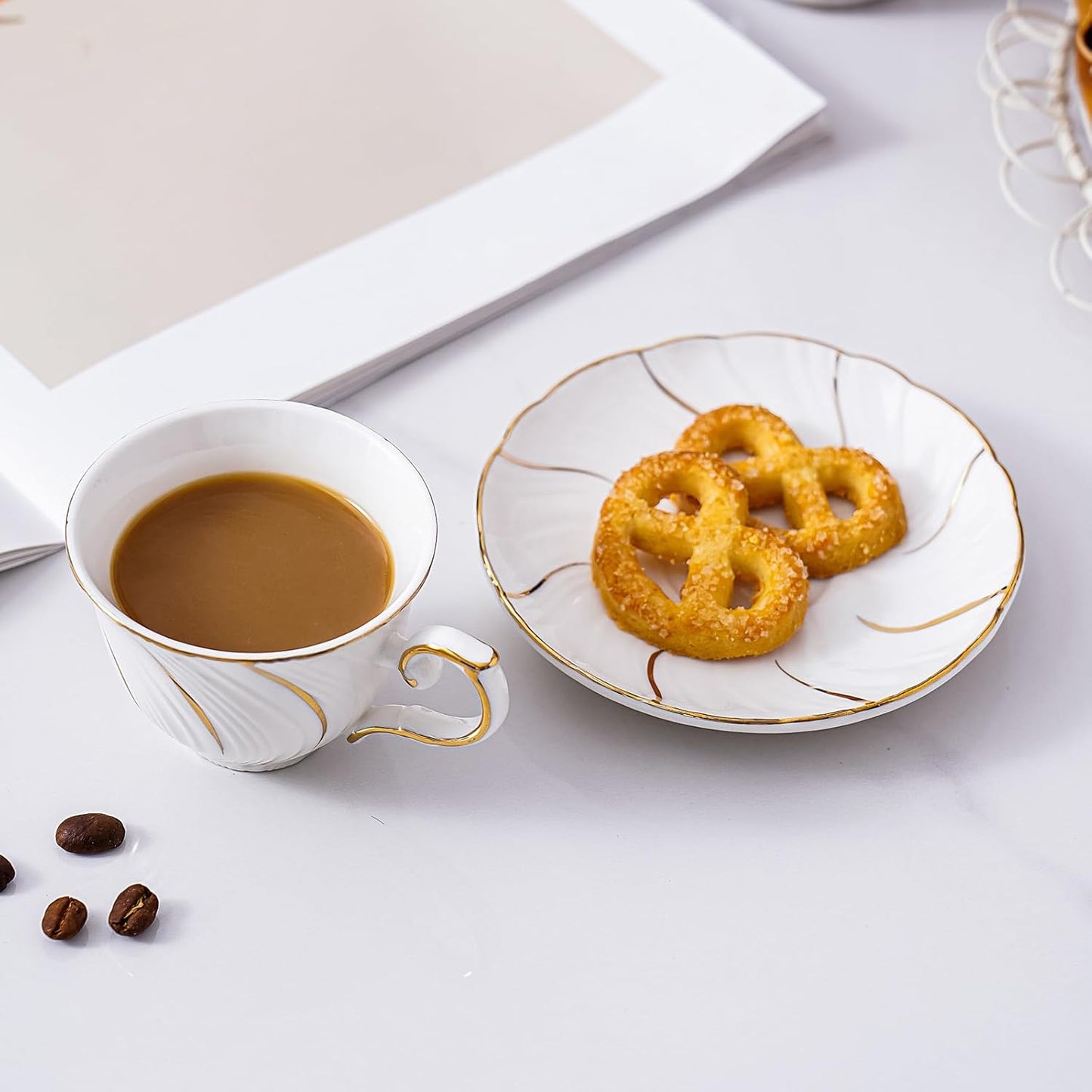 Ceramic Mini Espresso Cups Set of 4,3oz Espresso Mugs with Saucer,Porcelain Coffee Mugs Demitasse Cups, Modern Style cups for Latte, Cafe Mocha(4, White with gold thread)