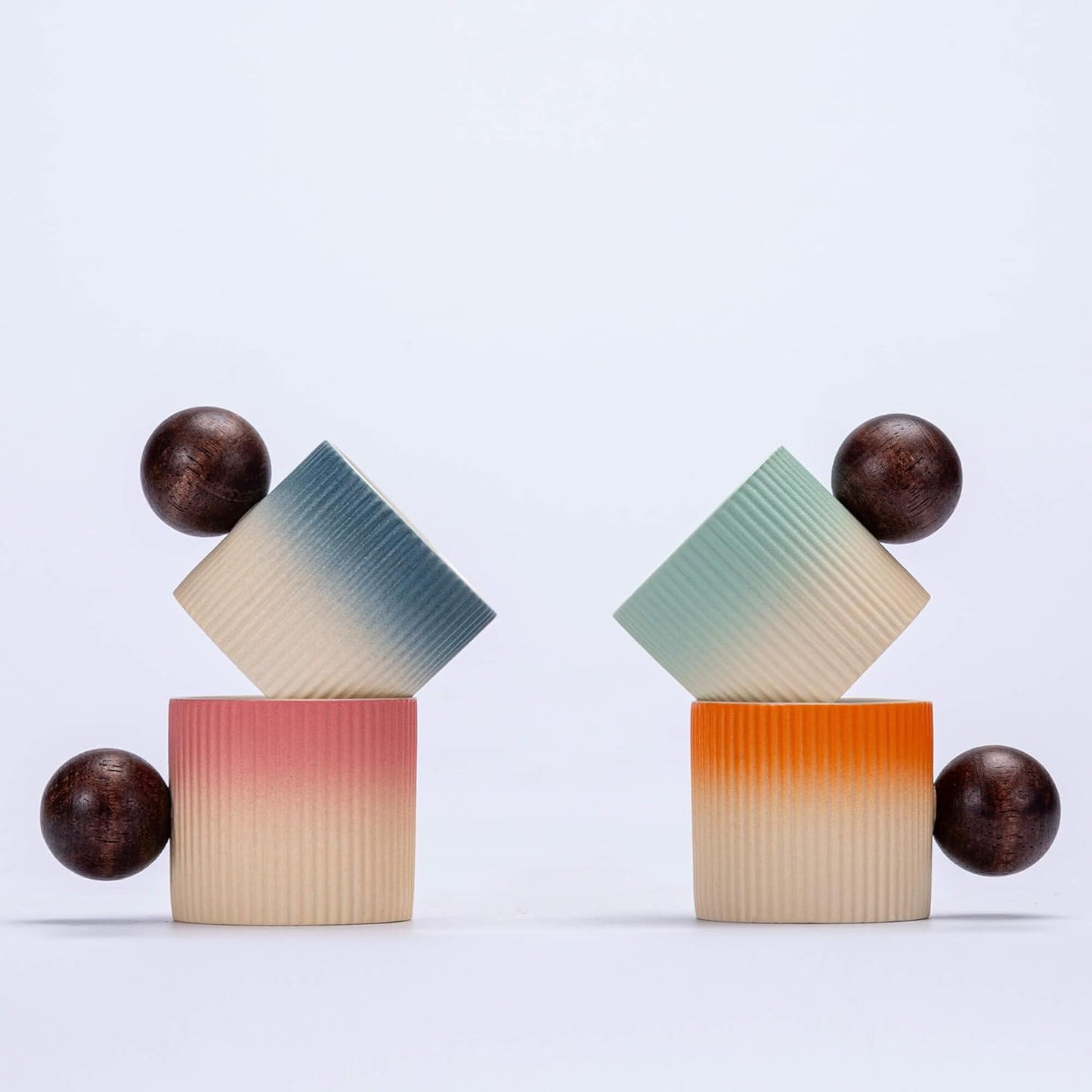 Ceramic Mini Espresso Cups Demitasse Cups with Round Wooden Handle Vertical Stripes Tea Cups (Beige&Orange, 4pcs)