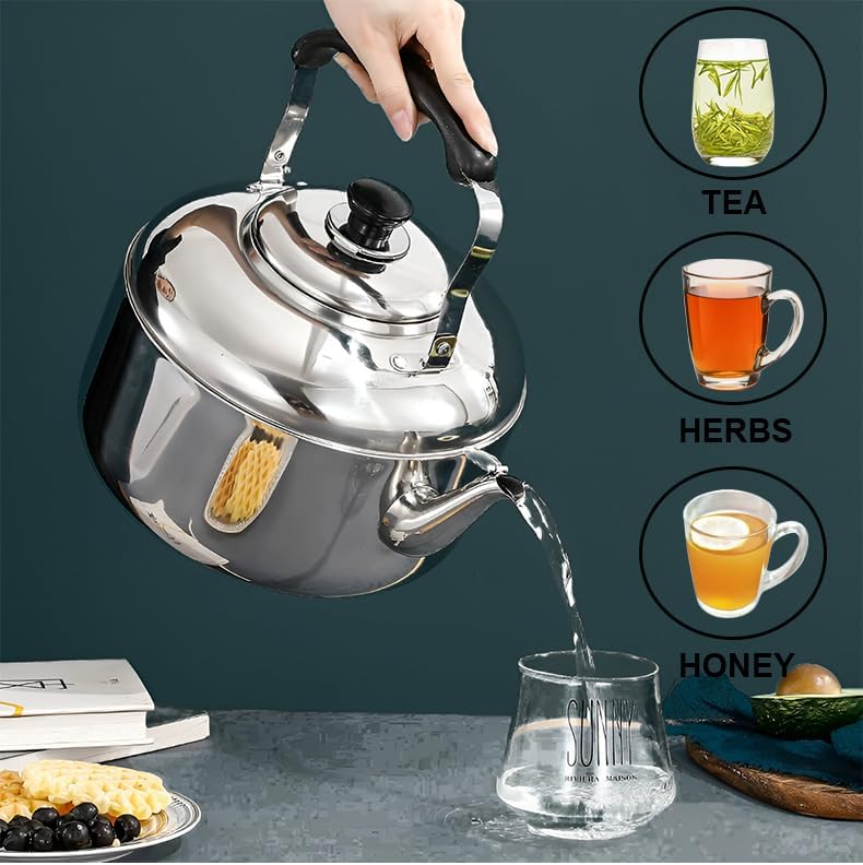 Chandler 5 Liter Tea Pots, Vintage Tea Kettle - 0.4mm Stainless Steel Pot - Hard to Dent | Ergonomic Handle with a Cool Grip | Portable Tea Kettle For Camping (Silver Color)
