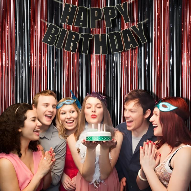 BRAVESHINE Tinsel Photo Backdrop Curtains - 2 Pack 3.2x8.2ft Black Red Foil Fringe Streamer Curtain for Halloweens, Lantern, Pumpkin, Home, Indoor or Outdoor Party Supplies Decorations