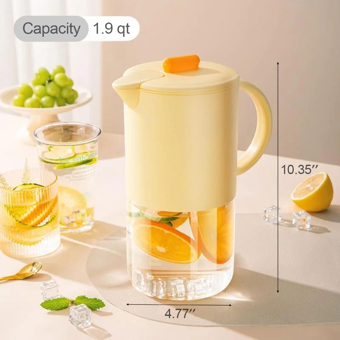 Delove Borosilicate Glass Pitcher with Lid & Auto Spout – Shatterproof Plastic Shell, Wide Mouth Design – 62 oz (1.9 Quart) Jug for Boiling Water, Iced Tea, Juice & Cold Brew Coffee (1, Yellow)