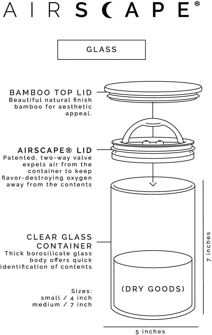 AirScape Glass Food Storage Canister - Glass Storage With US Patented Airless Inner Lid & Bamboo Top Lid - Preserves Food Freshness (Medium 7-Inch)