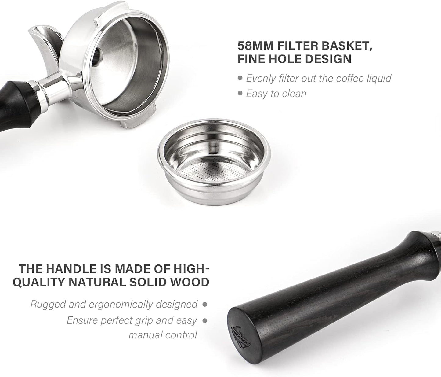 CrossCreek 58mm Espresso Double Spouts Portafilter with 2 Ear | Fits E61 | Flair/Rocket/Sanremo/Expobar etc. | Stainless Steel Basket and Solid Wood Handle | Espresso Accessories