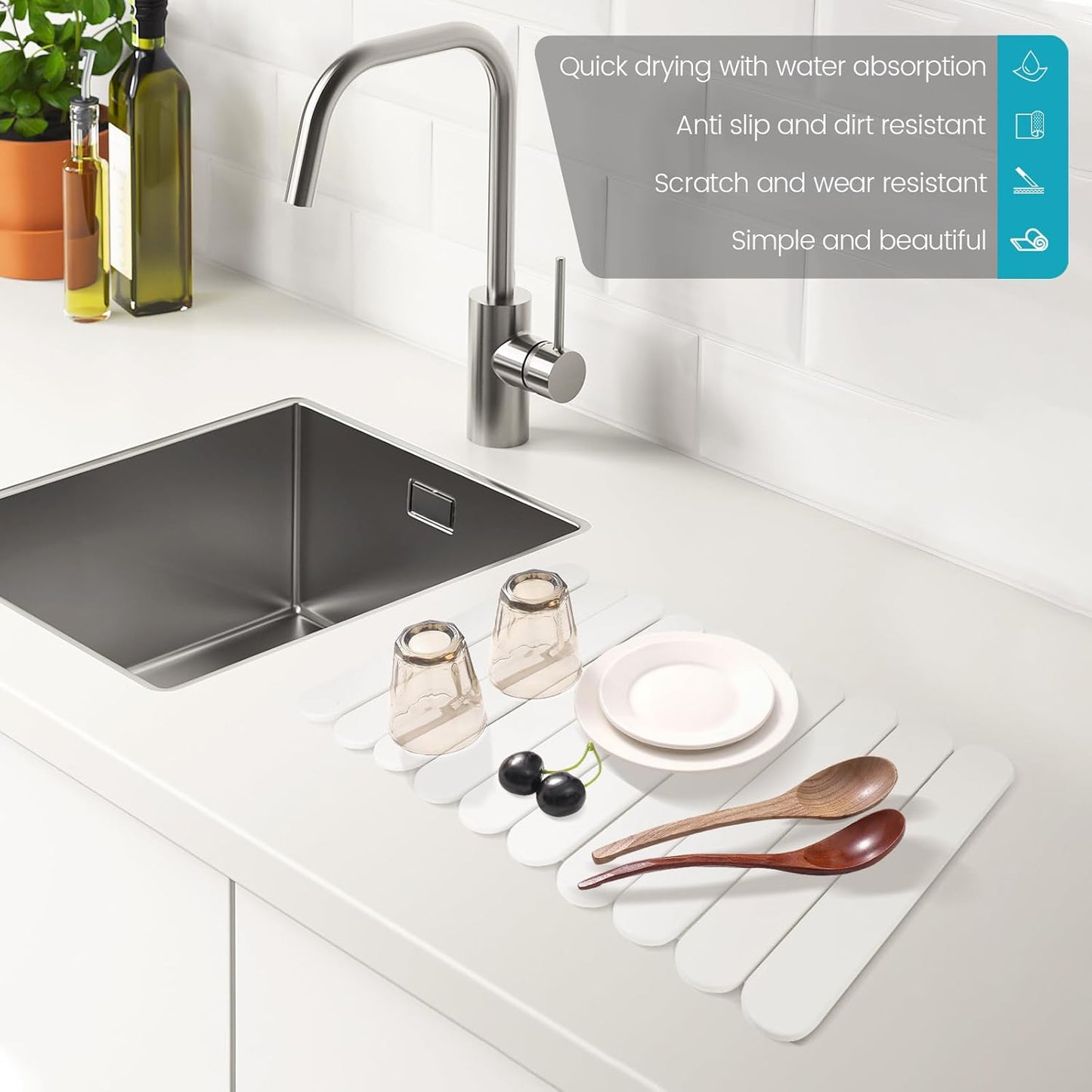 Extral Large Quick Dry Stone Drying Mat for Kitchen Counter,24"(L)x16"(W) Collapsible Eco-Friendly Absorbent Diatomaceous Earth Mat for Dishes Cups,Dish Drying Mats (White-Ellipse, 24x16 inch)