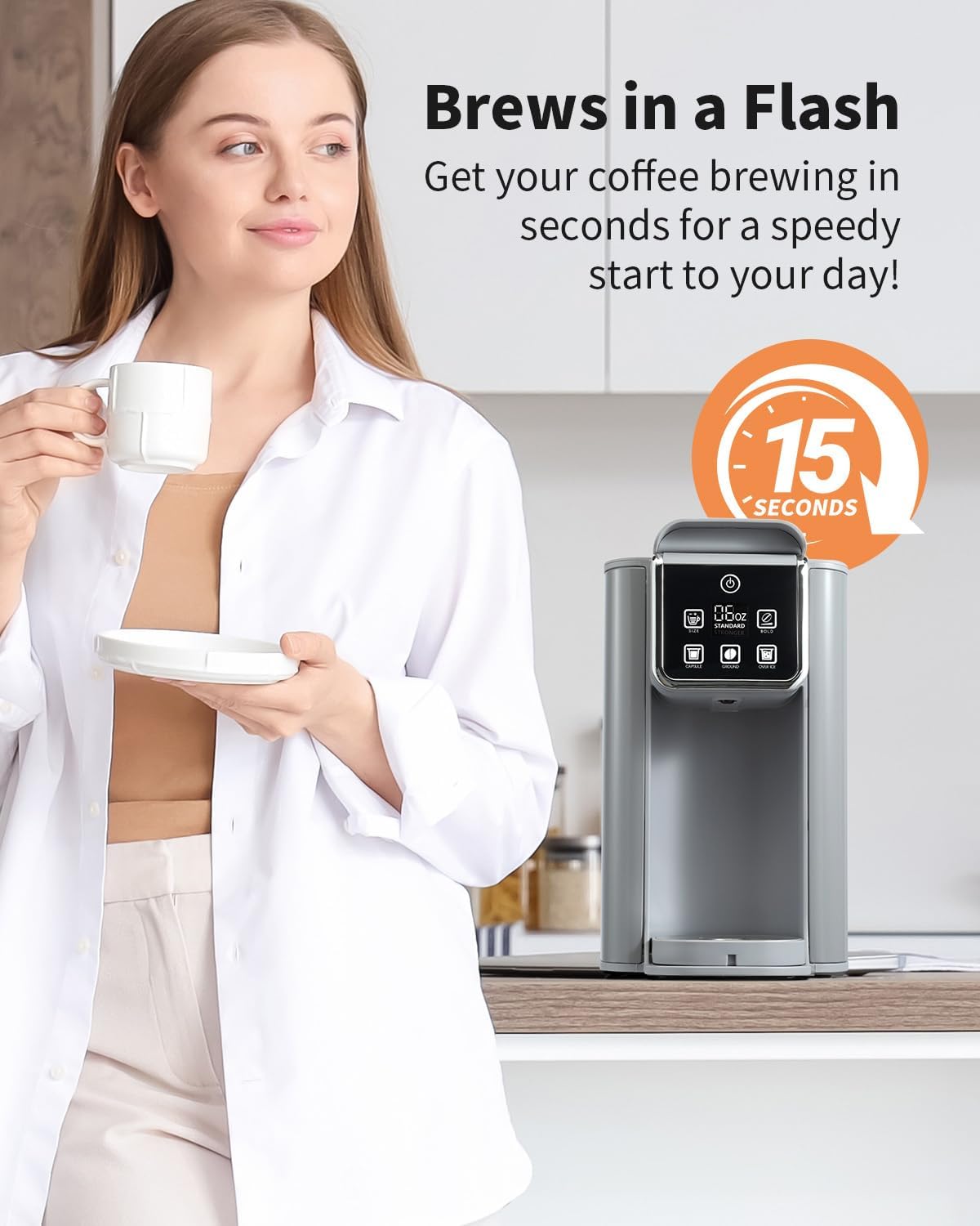 Hot & Iced Coffee Maker with Bold Setting, Single Serve Coffee Maker for K Cup and Grounds, 6-14 Oz Brew Sizes, 50 Oz Removable Water Tank, One Cup Coffee Machine with Reusable Filter, Grey