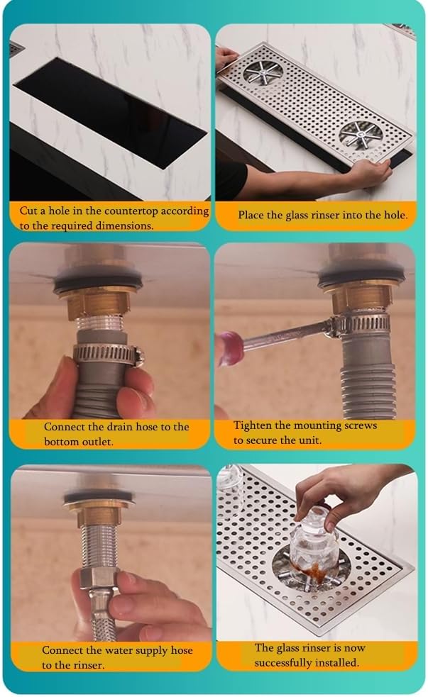 BRONCHO 24" x 8" High-Pressure Automatic Cup Washer | 304 Stainless Steel Sink Rinser with Integrated Drip Tray | for Commercial & Home Use