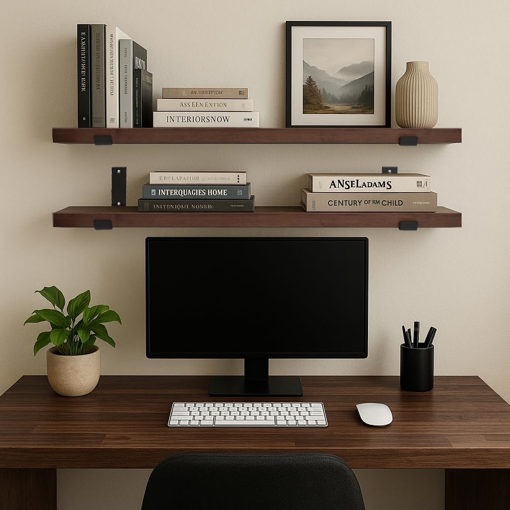 CONSDAN Floating Shelves for Wall Mounted Book Shelf Hanging Shelves Floating Bookshelf for Bedroom, Bathroom, Living Room, Kitchen USA Grown Solid Hardwood, Dark Maple 24x7.5x1.5 in (Set of 2)