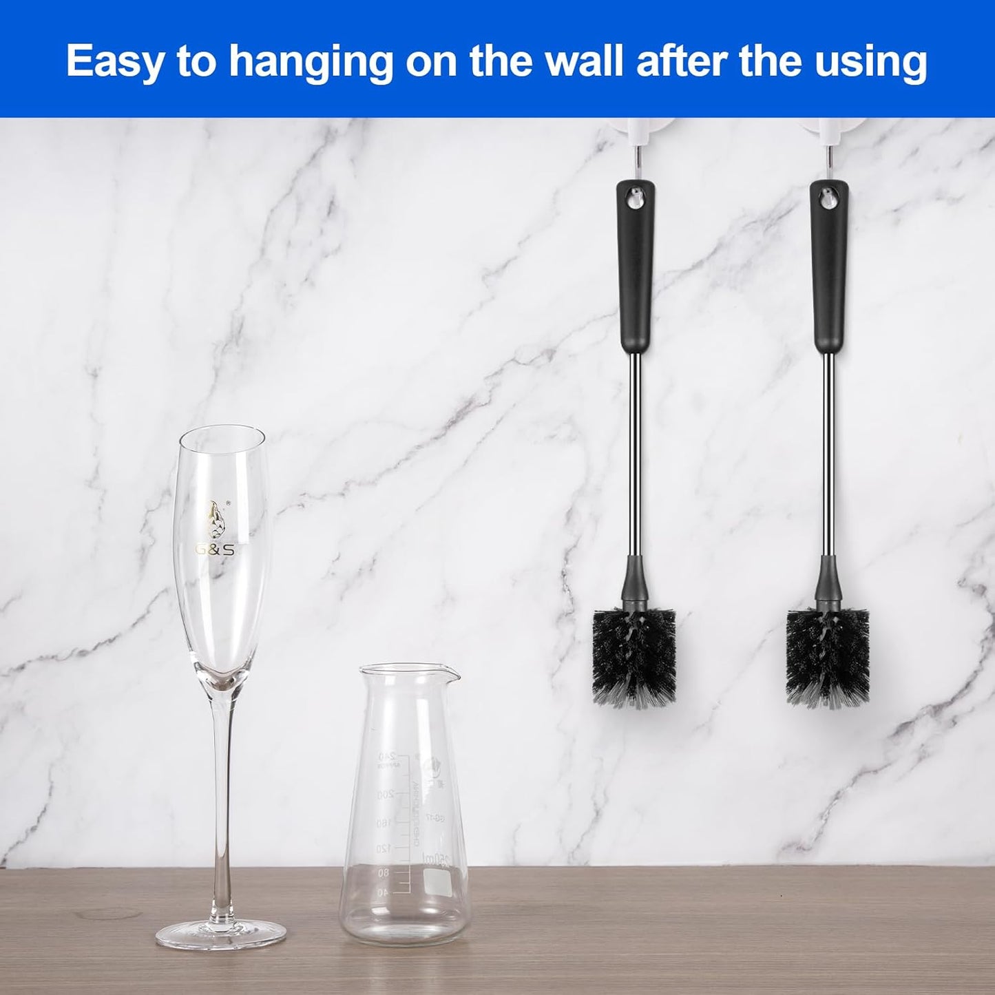 Bottle Brush, Long Stainless Steel Handle Water Bottle Brush Cleaner, Sports Bottle Scrubber, Kitchen Scrub Cleaning Brushes for Beer Bottles, Cups, Wine Glasses, Coffee Mugs, Tumblers, Thermos