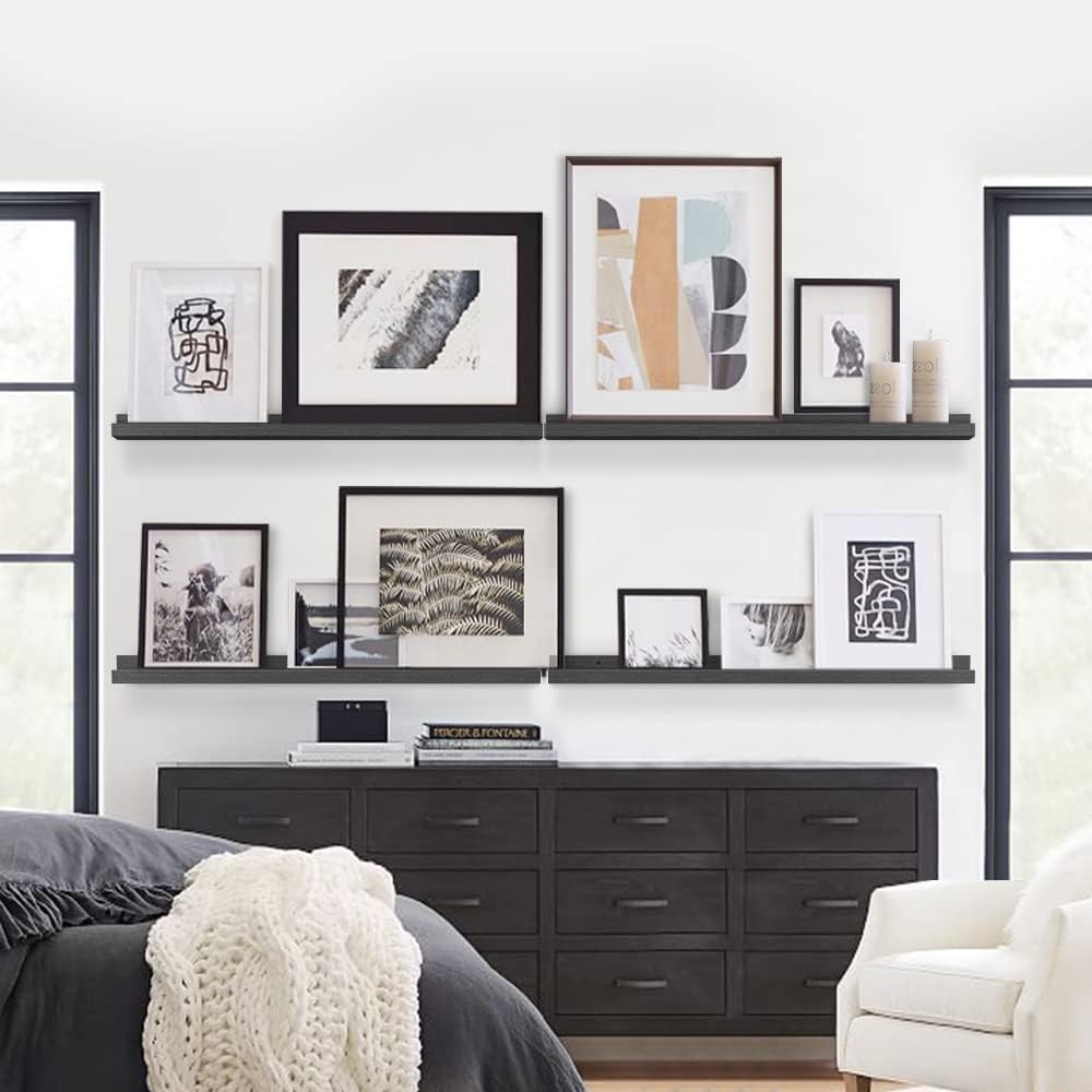 Forbena 36 Inch Photo Picture Ledge Shelf Set of 4, Black Floating Shelves with Lip for Wall, Narrow Long Wood Wall Shelf for Living Room Bedroom Office Classroom Library Books Album Frames Art Decor