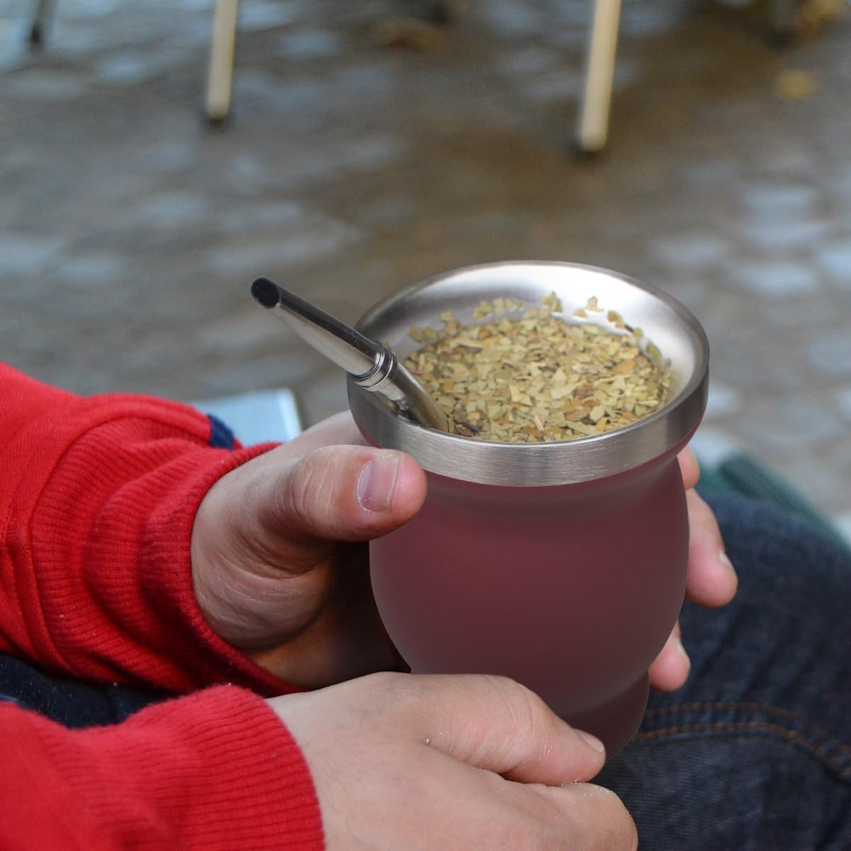 Beruth Bombilla Yerba Mate Gourd, 8oz Stainless Steel Tea Cup Set with a Multifunctional Lid, Two Straws and Cleaning Brushes, Double Walled Coffee Mug Heat Insulation Anti Scalding (Burgundy)