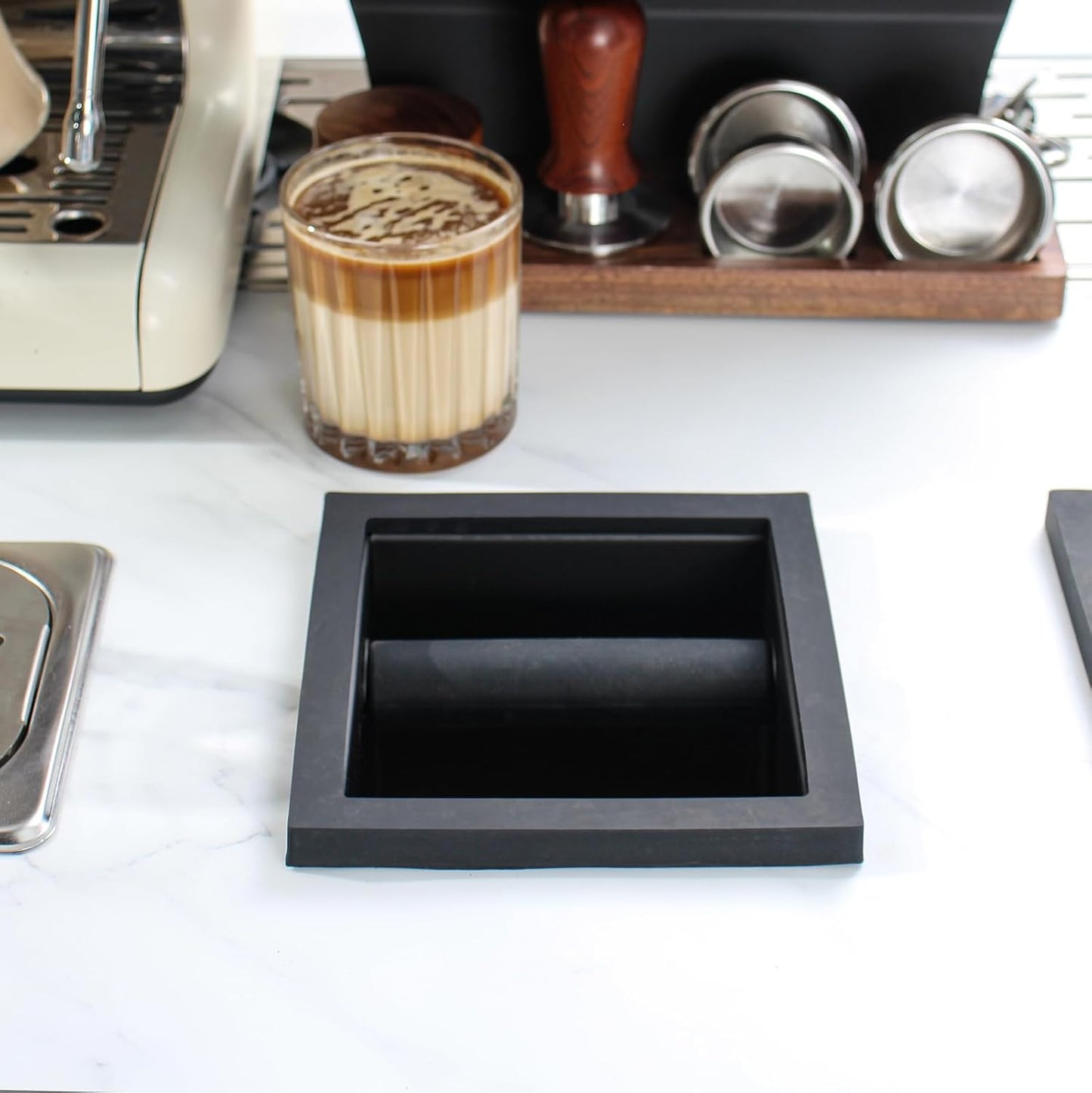 Espresso Coffee Ground Knock Box Chute, Built-in Desktop Waste Bucket, Stainless Steel Bottomless Knocking Residue Box (Rectangle)
