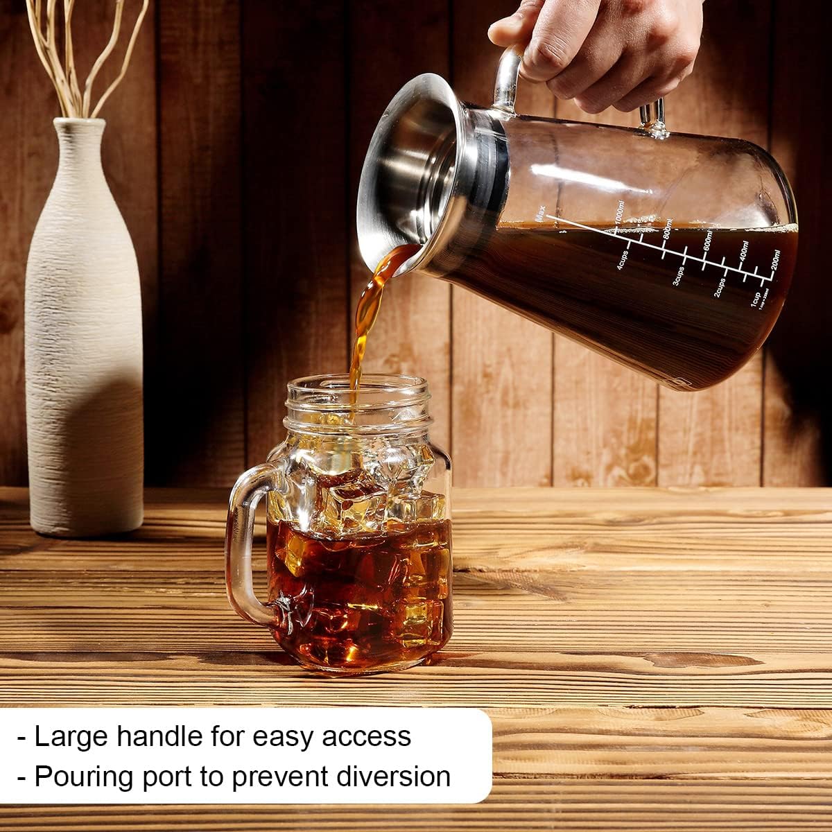 Aquach Airtight Cold Brew Coffee (Iced Tea) Maker 51oz/1.5L, BPA-Free, Durable Borosilicate Glass Pitcher and Stainless Steel Fine-Mesh Filter, Dishwasher Safe, Spill-proof, 6 Cups Capacity