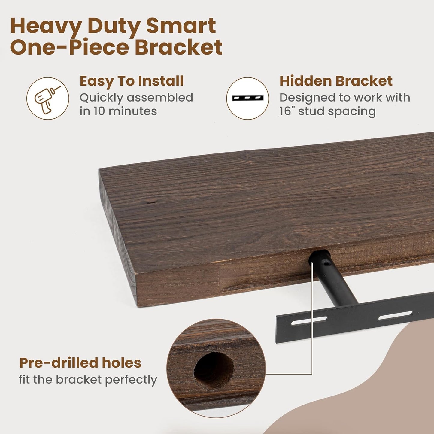 Floating Shelves for Wall Decor, Rustic Solid Elm Wood Live Edge Floating Shelves Wall Mounted, Wall Shelves with Invisible Bracket for Living Room Bathroom Bedroom Kitchen, 72 Inch, Walnut