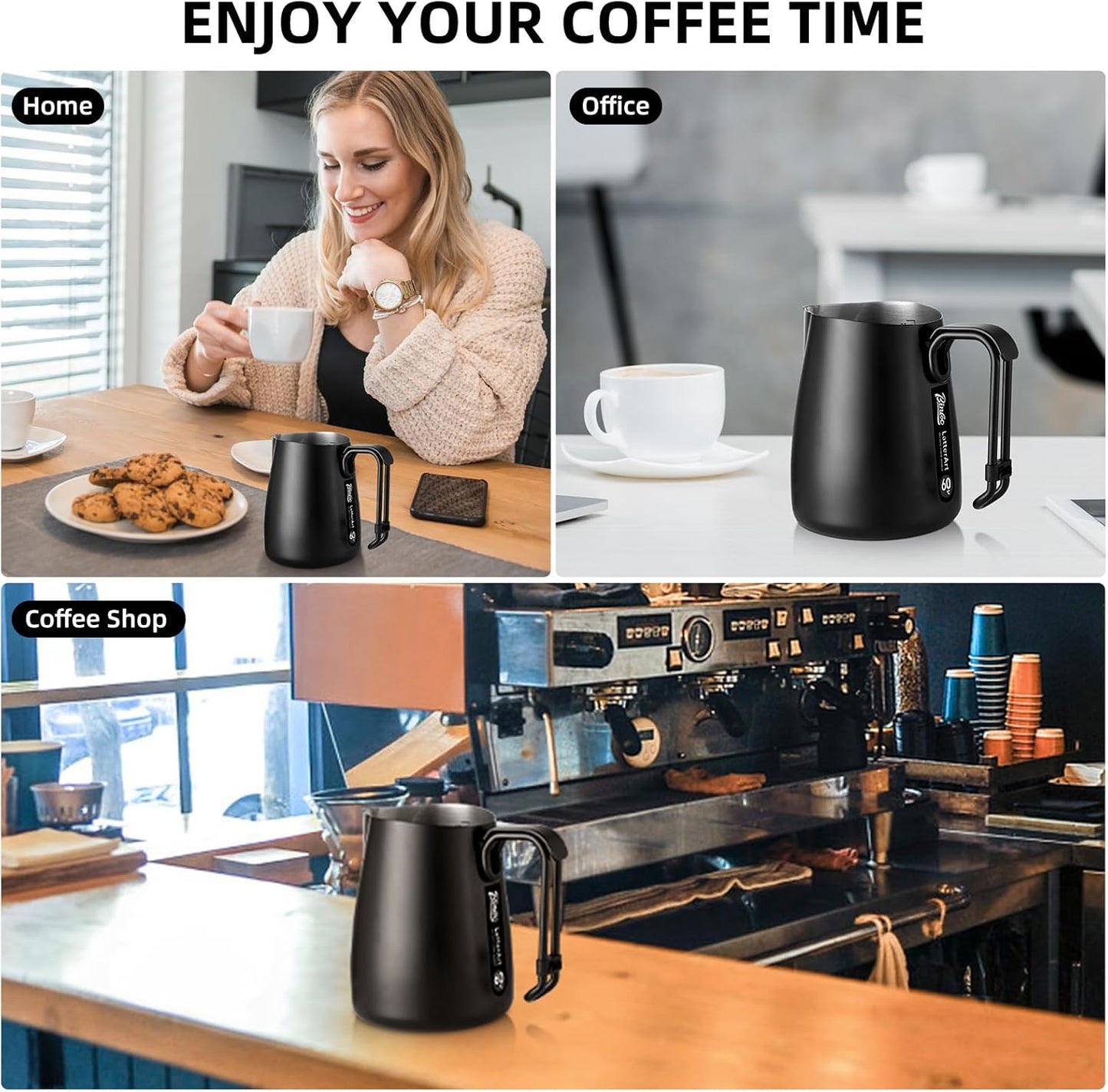 Bincoo Milk Frothing Pitcher,Espresso Milk Frothing Pitcher Stainless Steel 20oz/600ML Coffee Milk Frother Cup with Measurement Lines,Ergonomic Handle for Latte Art & Cappuccino