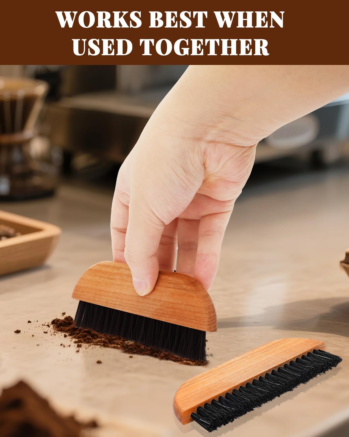 2 Pack Coffee Brush Set, Espresso Cleaning Brush - Ebony Bristle with Hanging Rope & Walnut Wood Espresso Brush for Espresso Machine, Grinder, Countertop, Compact Coffee Cleaning Tool