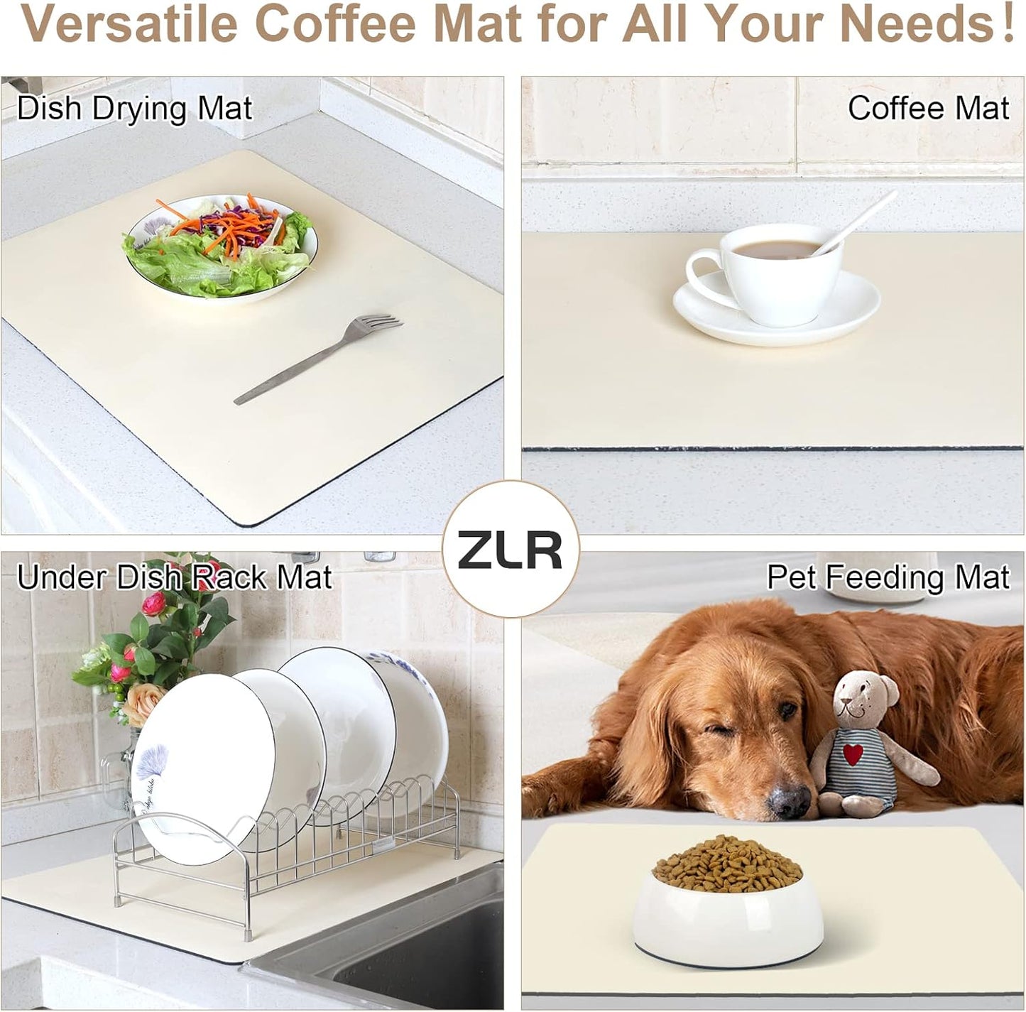ZLR Coffee Mat - 16" x 20" Large Kitchen Hide Stain Absorbent Dish Drying Mat for Countertop - Easy to Clean Coffee Bar Mat for Espresso Machine and Spill Protection - Creamy