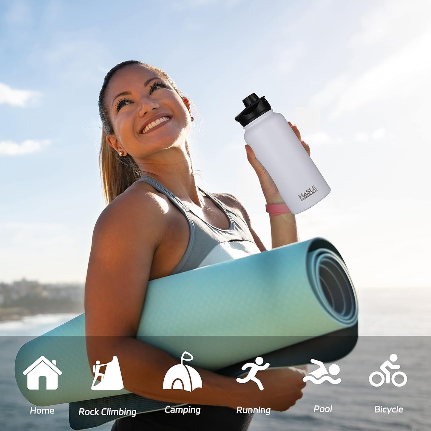 HASLE OUTFITTERS 32 oz Insulated Water Bottle Stainless Steel Double Walled Vacuum Sports Water Bottle with 2 Lids (Straw and Spout Lid) for Gym Camping Hiking(White,8)