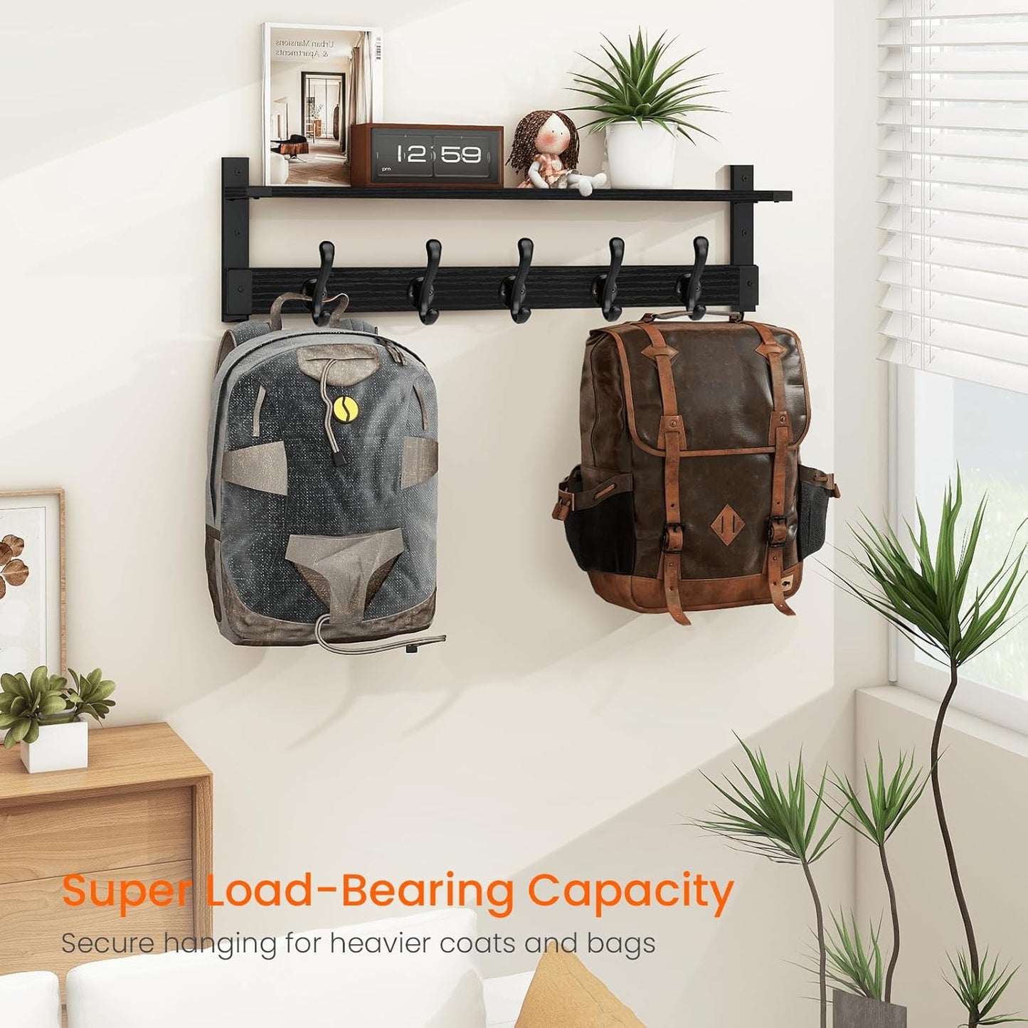 Homode Coat Hanger Wall Mount with Shelf, 29 in Hanging Rack with Storage, Entryway Shelf with Pegs for Hanging Coats, Hats, Towels, Purse, Robes, Black