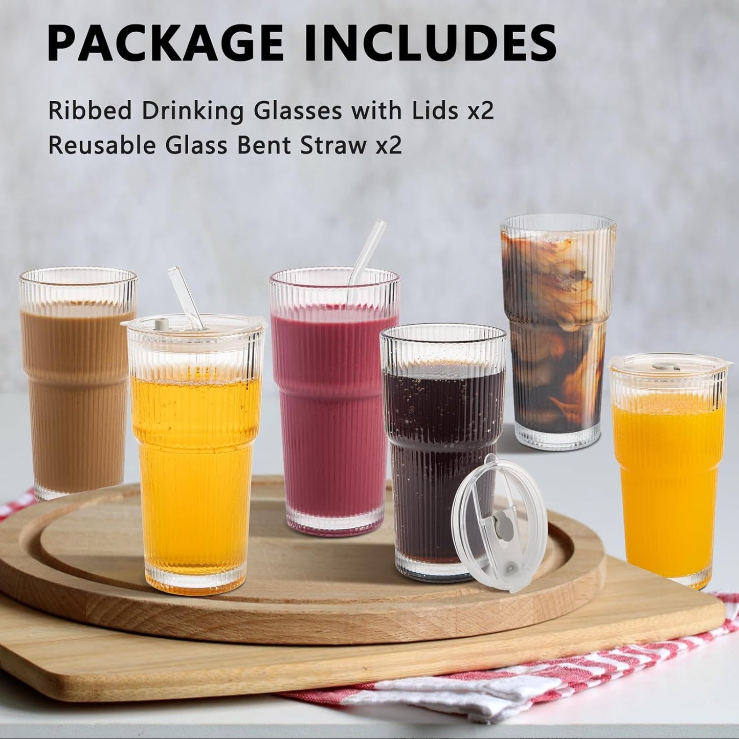 20oz Ribbed Glass Cups with Lids and Straws 2 Set, Vintage Glassware for Whiskey Cocktail Beer, Glass Tumbler, Iced Coffee Cups For Cold Drinks, Smoothie, Juice,Drinking (6)