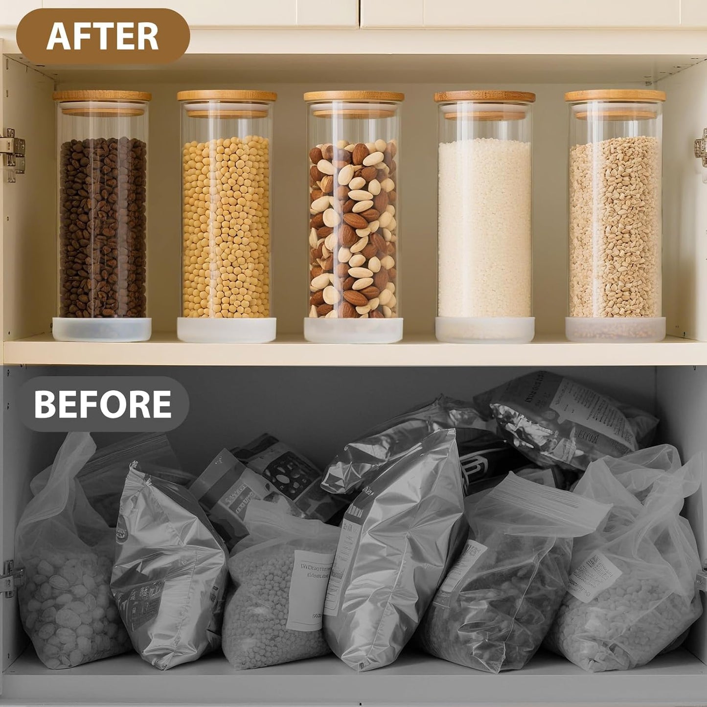 34oz Round Glass Storage Containers with Bamboo Lids – 6 Pack Clear Food Airtight Glass Jars for Pantry Organizers and Storage, Kitchen Dry Food, Flour, Cereal, Coffee Beans & Staples