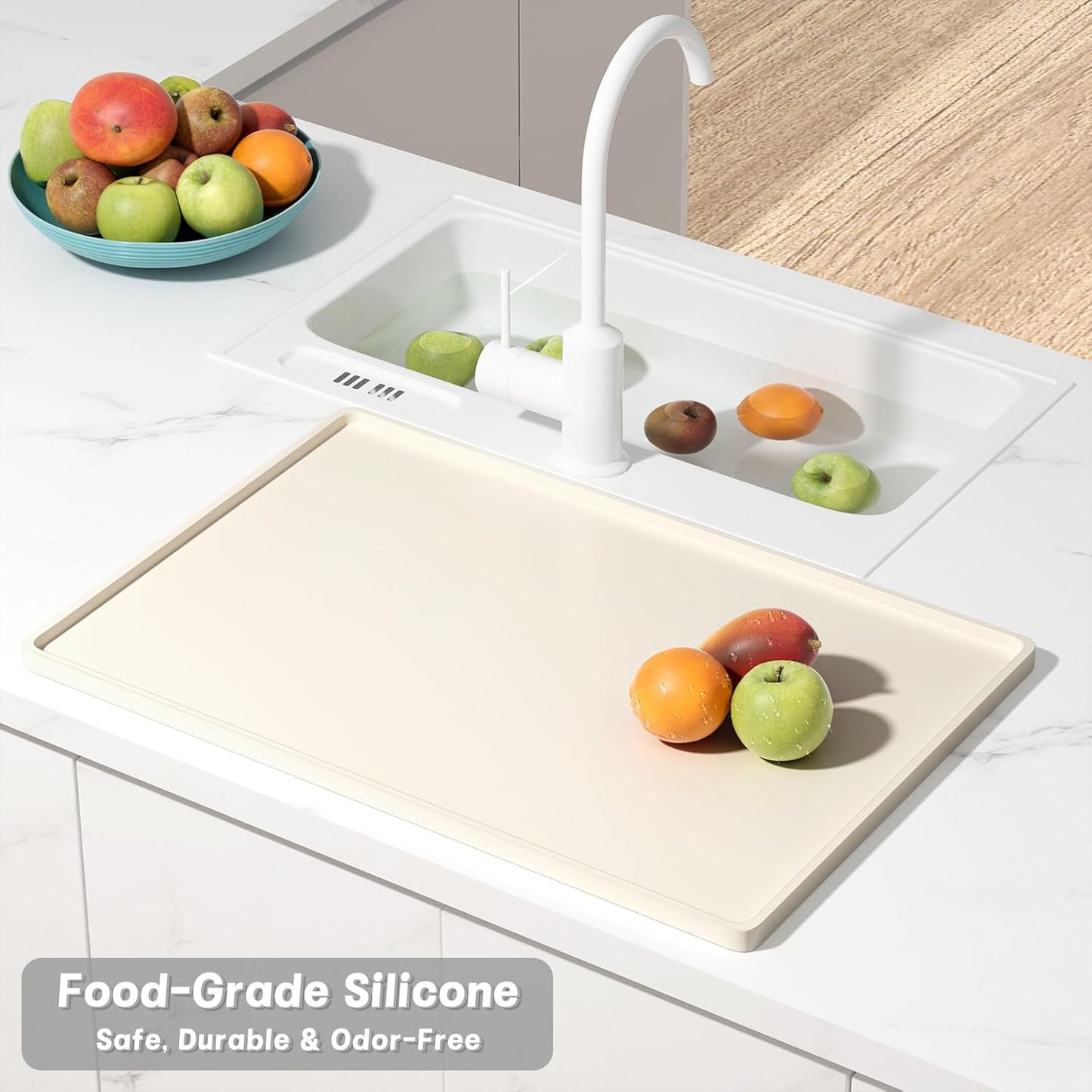 Rnivvi Silicone Coffee Mat, 12" x 19" Waterproof Raised Edge Coffee Bar Mats for Espresso Machine Station Accessories, Heat Resistant Dish Drying Pad for Kitchen Counter, Rubber Bar Decor Pad, Beige